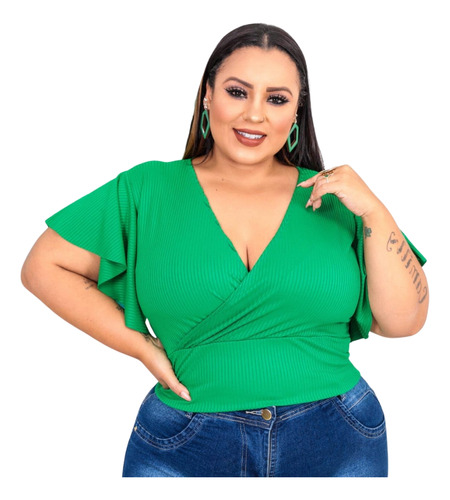 Blusa Cropped Plus Size Transpassado Manga Flare Verão Gg G1