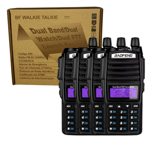 4x Rádios Comunicadores Baofeng Walkie Talkie Dual Band Uv82