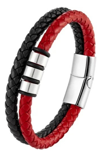 Pulsera Hombre Cuero Rojo/negro Broche Acero Iman 