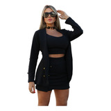 Conjunto Blazer Short Saia E Cropped Feminino Alfaiataria 