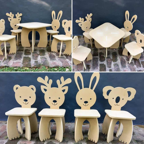 Combo Mesa Y  2 Sillas Infantiles Animales En Mdf Fibrofacil