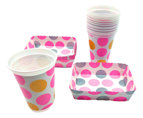 Kit Vasos Platos Blanco Polka Rosado Plateado X 12 Unidades