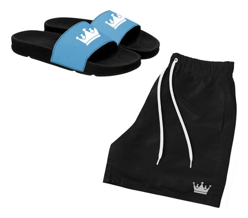 Kit Short Praia Masculino + Chinelo Slide Azul Claro