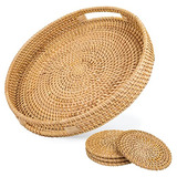 Handwoven 12.6  Round Rattan Tray With Built-in Handles &