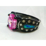 Anillo Plata 925 Oro Negro Gemas Topaz Rosa Ópalo Fuego Azul