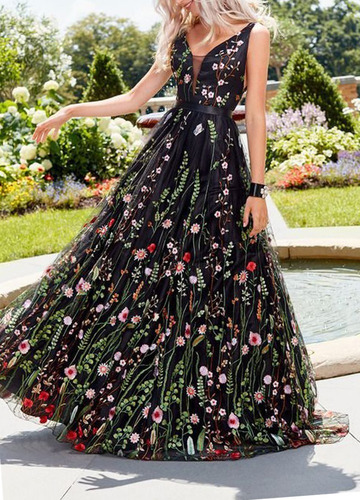Vestido Estampado De Flores Elegante Y Romántico, Negro-xl