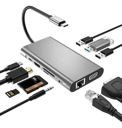 Convertidor 10 En 1 4k Hdmi Usb Tipo C Hub Vga Multipuerto