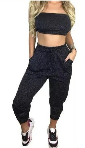 Conjunto Feminino Calça Jogger Lurex Brilho Bolso +top Faixa