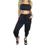 Conjunto Feminino Calça Jogger Lurex Brilho Bolso +top Faixa