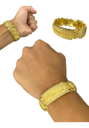 Bracelete 18mm Iluminado Cravejado Banhado A Ouro 18k