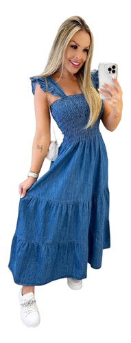 Vestido Midi Jeans Alça Babado Lançamento Verão