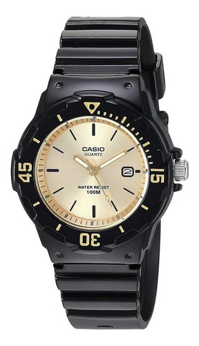 Reloj Pulsera Casio Youth Lrw-200 De Cuerpo Color Negro, Analógico, Para Mujer, Fondo Dorado, Con Correa De Resina Color Negro, Agujas Color Dorado Y Blanco, Dial Negro, Minutero/segundero Negro, Bise