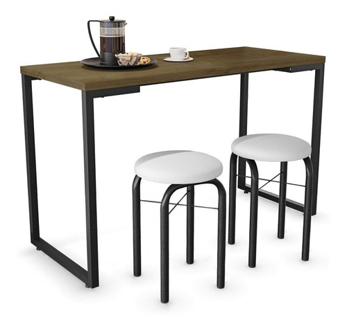 Conjunto Mesa De Cozinha Industrial 120cm Com 2 Banquetas