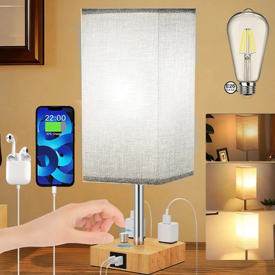 Goodea Lámparas De Buró Escritorio Led Noche Regulable Con Foco Bombilla E26 Y 2 Usb 2 Tomas Beige Luz de Noche Decorativa Para salón, Estudio, Dormitorio | MercadoLibre