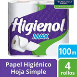 Papel Higiénico Higienol Hoja Simple 100 Metros X 4u