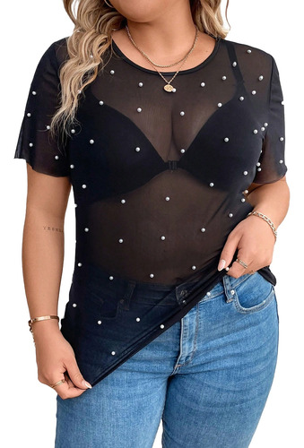 Blusa Remera Top Con Spandex Detalle Perlas Shein Plus Size