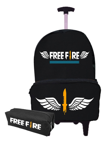 Mochila Free Fire Infantil Grande Reforçada Com Carrinho 