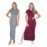 Kit 2 Vestido Longo Moda Casual Canelado Fenda Lateral