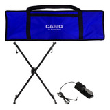 Kit Acessórios Teclados Casio Suporte Capa 5/8 Azul E Pedal