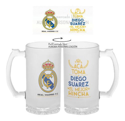 Mug Cervecero Taza Real Madrid Nombre Vidrio Opalizado