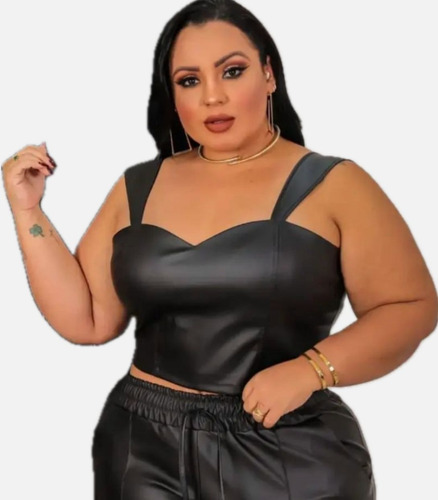 Cropped Couro Fake Alça Grossa Blusinha Plus Size