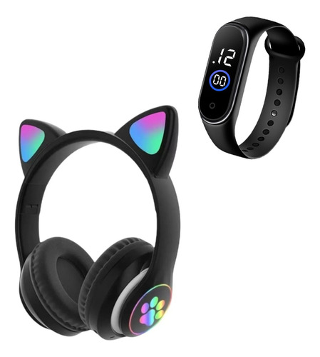 Fone Ouvido Gatinho Bluetooth Adulto Crianças + Relógio Led