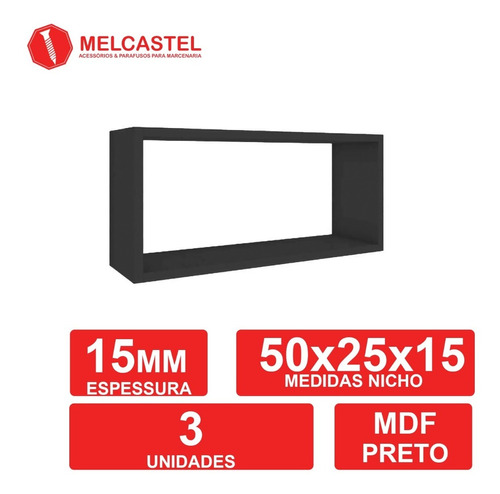 3 Nichos Em Mdf Preto Tx | 50x25x15 15mm - Sala | Banheiro