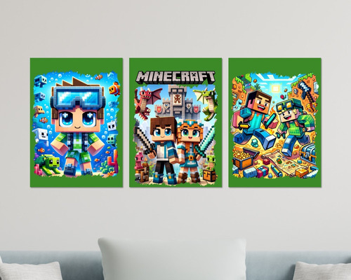 Kit 3 Placas Decorativas Quadro Minecraft Quarto Gamer