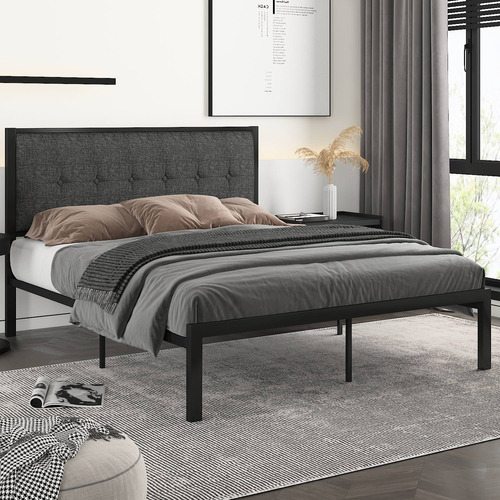 Cama Queen Con Plataforma Metálica, Cabecera Tapizada,