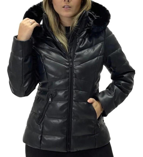 Jaqueta Feminina Puffer Resinada Impermeável Capuz C/ Pelo