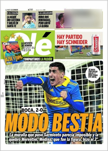 Boca 2 Sarmiento 0 / Racing 4 Colon 0 * Diario Olé 3/7/2023