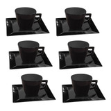 Set X6 Taza  De Té Y Plato Cuadrado Negro Oxford Porcelana