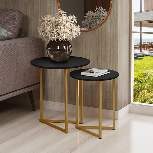 Conjunto De Mesa De Canto Jade Sala Estar Pé De Aço Dourado