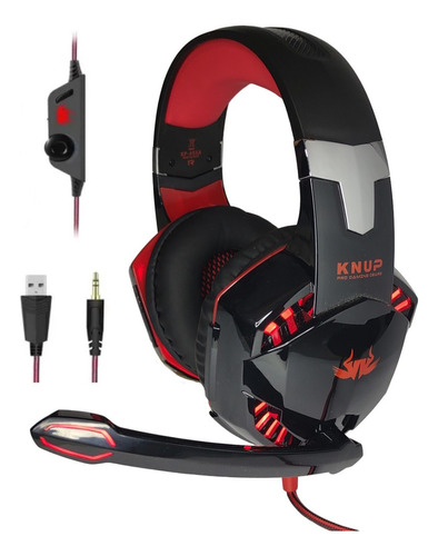 Fone De Ouvido Gamer Headset Knup Kp-455a Com Led Microfone Cor Preto/vermelho