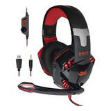 Fone De Ouvido Gamer Headset Knup Kp-455a Com Led Microfone Cor Preto/vermelho