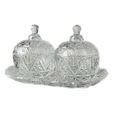 Set 2 Dulceras Cristal Vidrio Con Tapa Y Plato Elegante