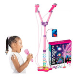 Microfone Rock Star Duplo Pedestal Amplificador Musical Rosa