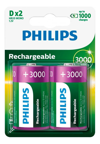 2 Pilhas D Grande Recarregável 3000mah Philips Original Nfe