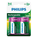 2 Pilhas D Grande Recarregável 3000mah Philips Original Nfe