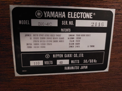 Organo Yamaha Electron Modelo Bk-4c Serial 2116