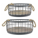 Stonebriar 2pc Round Stackable Metal Wire And Wood Basket Se
