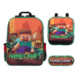 Kit Mochila Infantil De Costas Minecraft Lancheira E Estojo