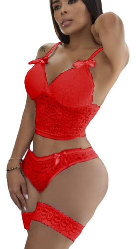 Conjunto Crop Top Encaje Cachetero Encaje Liguero Sexy Mujer