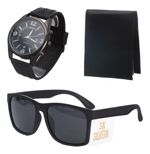 Kit Masculino Relógio Preto + Carteira Slim + Óculos Moderno