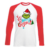 Camiseta Grinch Navidad Ranglan Manga Larga Roja Serie Geeks