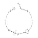 Pulsera Mujer Cruz Transversal Corazon Plata 925 16+3cm