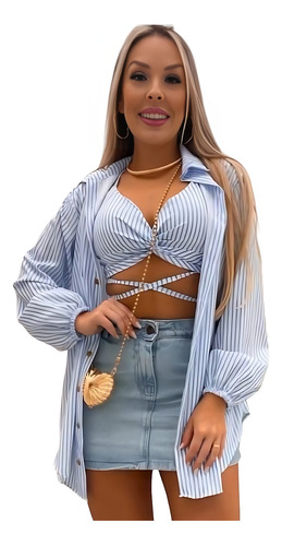 Conjunto Camisa E Cropped Listrado Moda Primavera/verão Top.