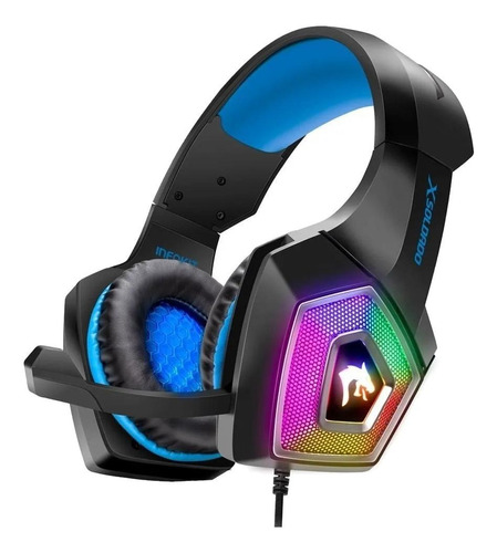 Fone Gamer Over-ear Gamer Infokit X Soldado Gh-x2000 Preto E Azul Com Luz  Rgb Led