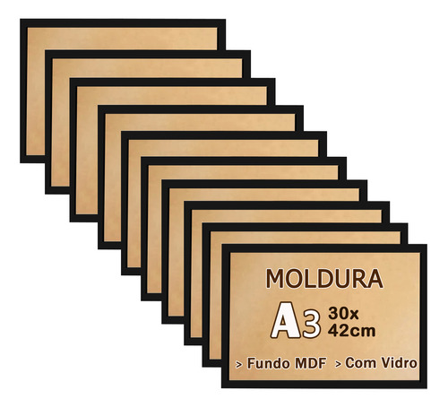 Kit 10 Molduras A3 Med. 30x42 Vidro Moldura Laqueada