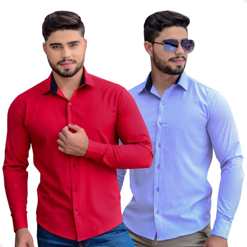 Kit 2 Camisa Social Masculina Slim Fit Manga Longa Oferta